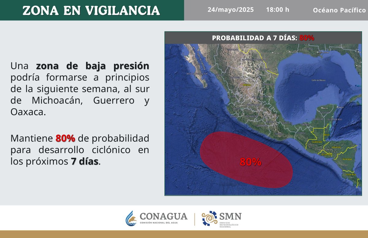 TabascoHOY's tweet photo. #ReporteTH🚨| El Servicio Meteorológico Nacional (@conagua_clima) monitorea una zona de baja presión en el océano #Pacífico que podría evolucionar a ciclón tropical en los próximos días. Se localiza frente a las costas de #Guerrero, #Michoacán y #Oaxaca.
https://t.co/XgVUDpMfck https://t.co/iJJzak8XVq