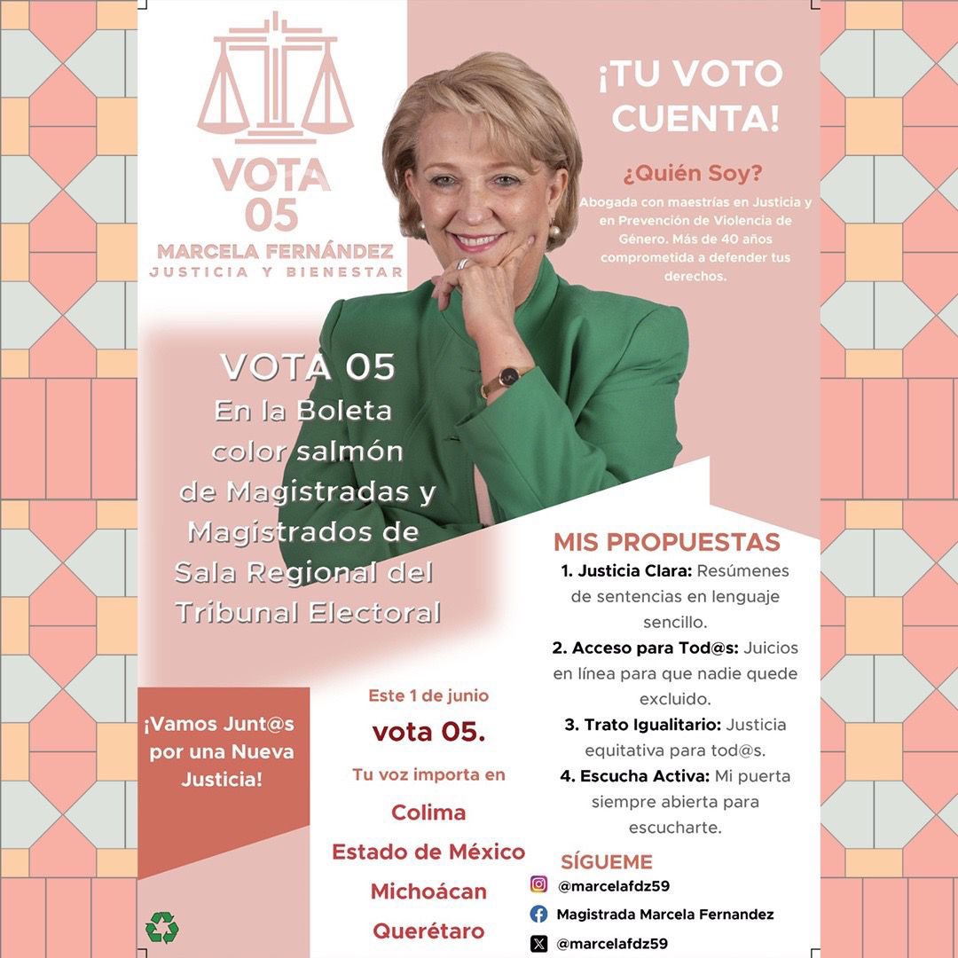 La justicia debe caber en una silla de ruedas, en una lengua indígena, en un cuaderno de estudiante. Si no es inclusiva, no es justicia.
En Colima, EdoMex, Mich y Qro, este 1 de junio #Vota05 en la boleta color salmón de Magistradas y Magistrados Regionales del Tribunal Electoral
