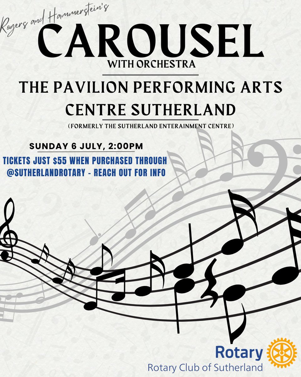 Sutherland Rotary (@suthrotary) on Twitter photo The Rotary Club of Sutherland is selling fundraising tickets to Carousel! This classic musical will be performed with Orchestra by the Sydney Musical and Opera Society. If you're interested, reach out for details! The Rotary Club of Sutherland is selling fundraising tickets to Carousel! This classic musical will be performed with Orchestra by the Sydney Musical and Opera Society. If you're interested, reach out for details!