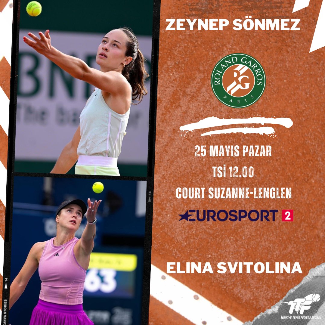 Tenis Federasyonu (@ttforgtr) on Twitter photo Milli tenisçimiz <a href="/ZeynepSonmez__/">Zeynep Sonmez</a>, dünyanın en prestijli turnuvalarından #RolandGarros'ta bugün korta çıkıyor!
Rakip dünya 13 numarası Elina Svitolina 🎾
🇹🇷 Zeynep Sönmez 🆚 Elina Svitolina 🇺🇦
🏟️ Court Suzanne-Lenglen
📺 Eurosport 2
⏰ TSİ 12.00 Milli tenisçimiz <a href="/ZeynepSonmez__/">Zeynep Sonmez</a>, dünyanın en prestijli turnuvalarından #RolandGarros'ta bugün korta çıkıyor!
Rakip dünya 13 numarası Elina Svitolina 🎾
🇹🇷 Zeynep Sönmez 🆚 Elina Svitolina 🇺🇦
🏟️ Court Suzanne-Lenglen
📺 Eurosport 2
⏰ TSİ 12.00