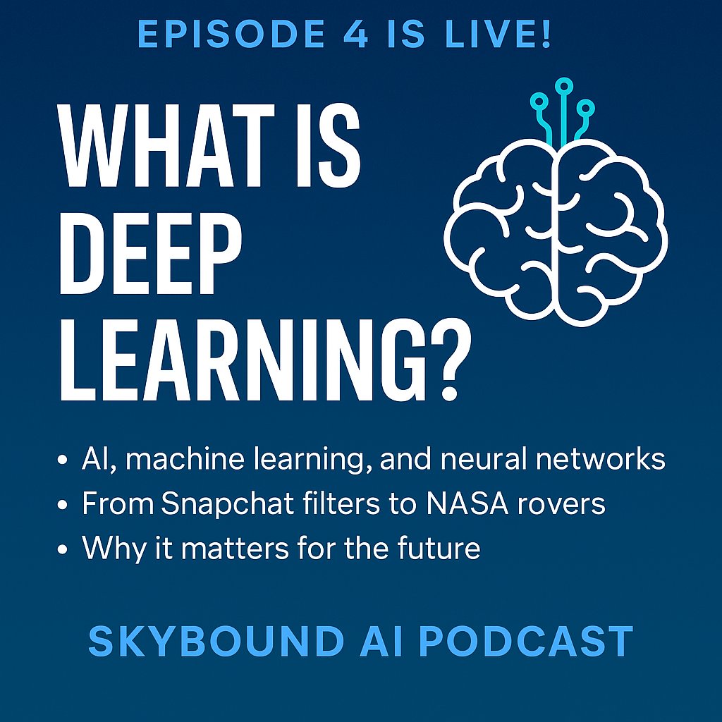 skyboundhorizon's tweet image. What if I told you that deep learning powers your phone, your favorite apps, and even spacecraft on Mars?

🎧 Listen now on Spotify 
🔗 skyboundhorizons.org 
#SkyboundAI #DeepLearningExplained  #FutureOfAI #STEMEducation #TeenTech #SkyboundHorizons #AviationAndAI #SpaceTech