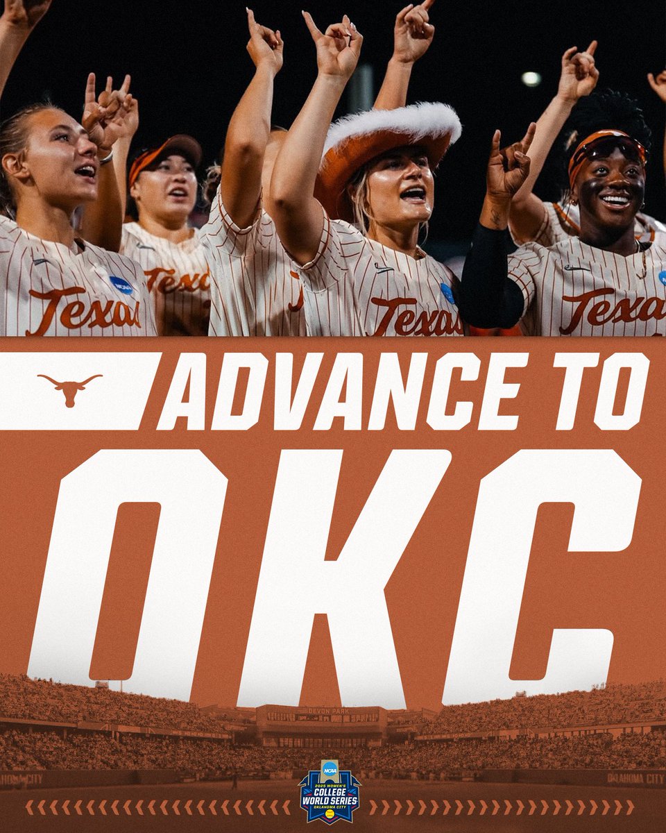 NCAA Softball (@ncaasoftball) on Twitter photo SEE YOU IN OKC, LONGHORNS 🤘
(6) <a href="/TexasSoftball/">Texas Softball</a> defeats (11) Clemson, 6-5, to advance to their 8th #WCWS!
#RoadToWCWS SEE YOU IN OKC, LONGHORNS 🤘
(6) <a href="/TexasSoftball/">Texas Softball</a> defeats (11) Clemson, 6-5, to advance to their 8th #WCWS!
#RoadToWCWS