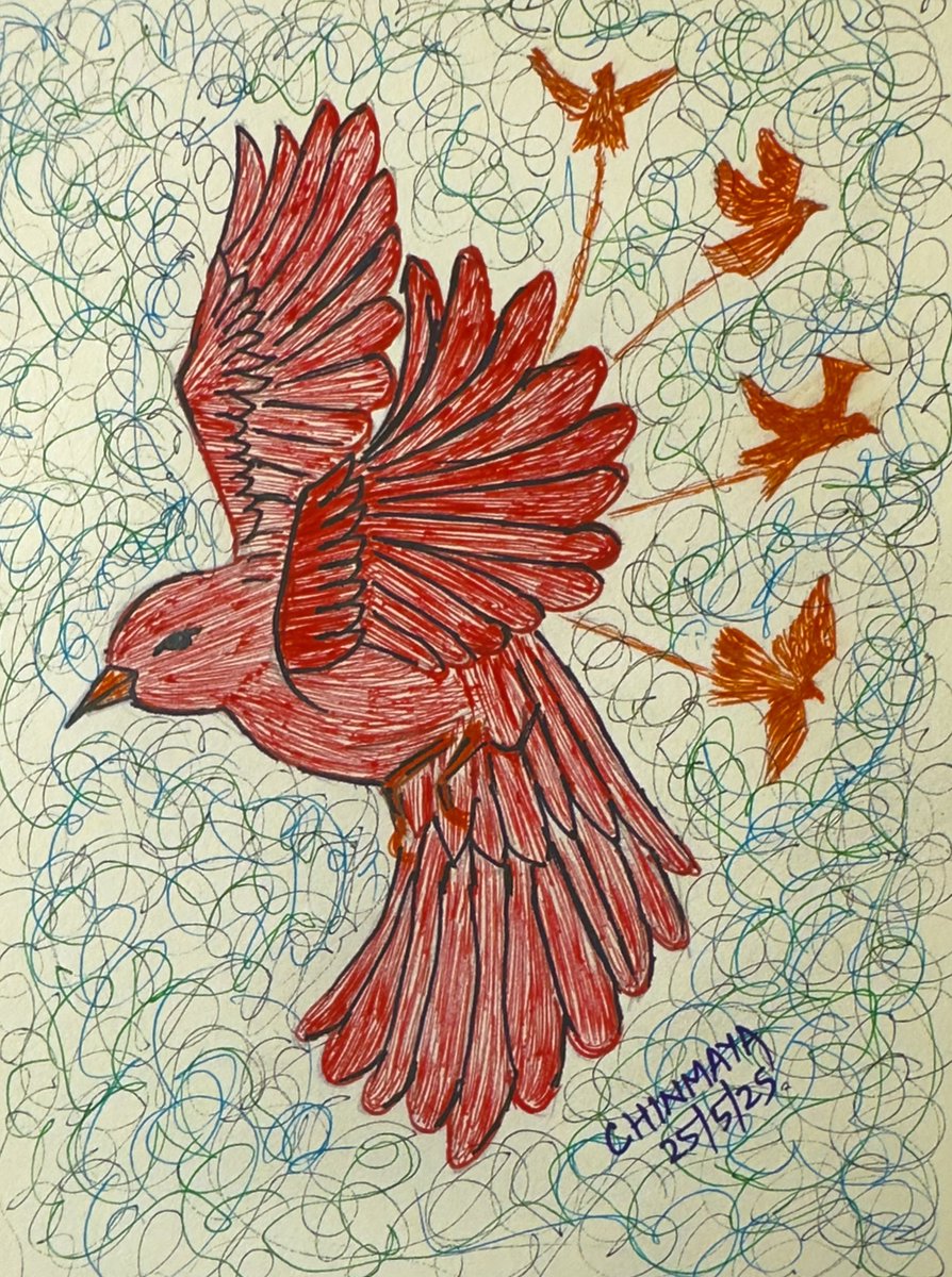 chinmaya_achary's tweet photo. Drawing 181:
A vibrant red bird takes flight in a whirlwind of swirling lines, symbolizing freedom, energy, and motion. Trailing orange silhouettes add a dreamlike sense of journey. A bold celebration of expression through ink.
#InkArt #BirdDrawing #FreedomInFlight #ArtByChinmaya https://t.co/dAaM2zxG5K