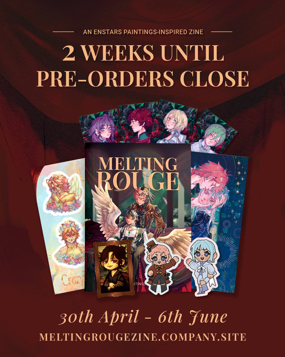 🌟 2 WEEKS UNTIL PRE-ORDERS CLOSE 🌟

Enstarries! Thank you so much for all the support so far! 💖

You're still in time to make your purchase and get a pre-order exclusive gift!

🛒: meltingrougezine.company.site

#enstars #ensemblestars #fanzine