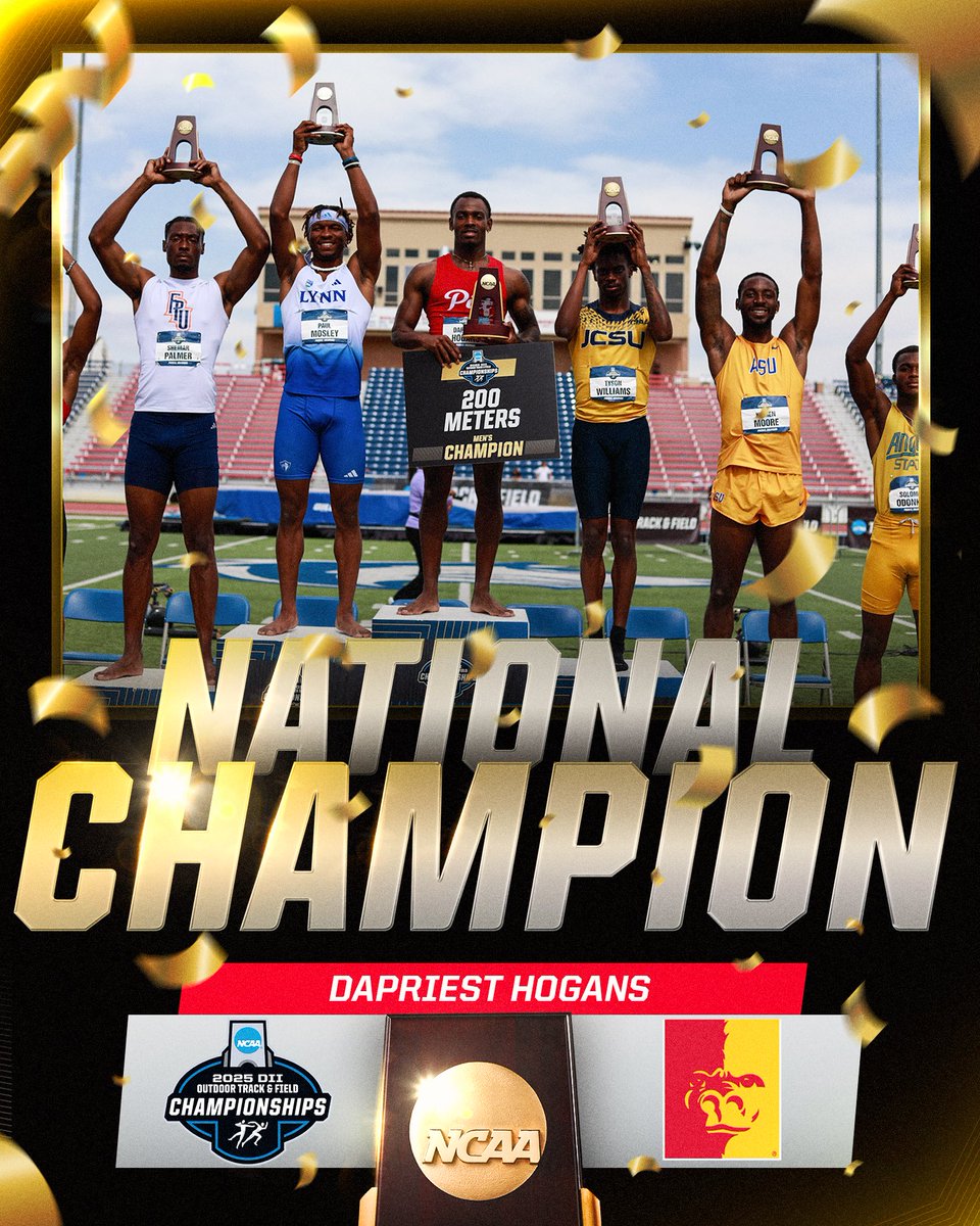 NCAA Division II (@ncaadii) on Twitter photo He is speed 💨
Dapriest Hogans of <a href="/GorillasTrack/">Pitt State Track & Field</a> is the 2025 DII Outdoor Men’s 200m National Champion!
#D2MOTF | #MakeItYours He is speed 💨
Dapriest Hogans of <a href="/GorillasTrack/">Pitt State Track & Field</a> is the 2025 DII Outdoor Men’s 200m National Champion!
#D2MOTF | #MakeItYours
