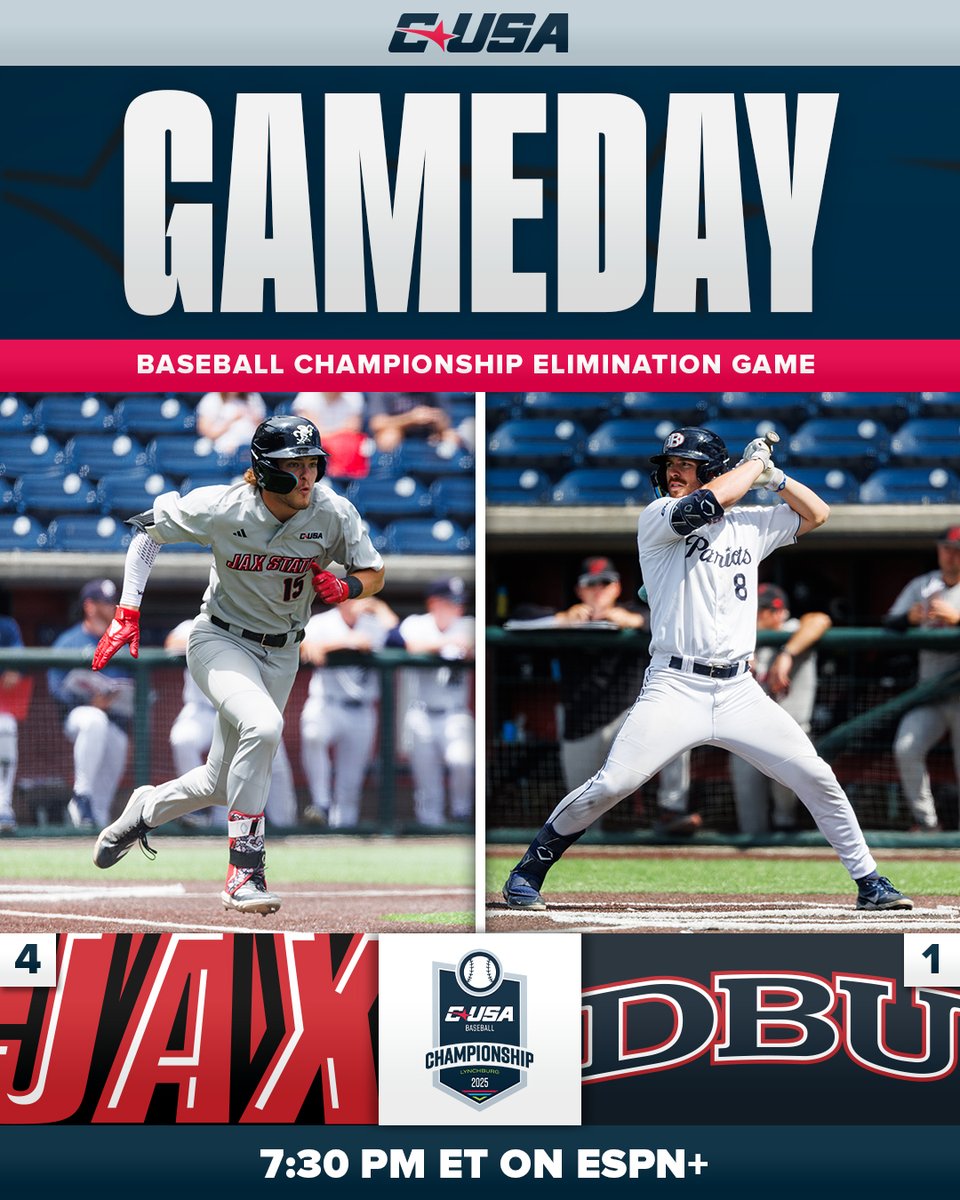 Conference USA (@conferenceusa) on Twitter photo ⚾️ GAME DAY ⚾️
ELIMINATION GAME
(4) <a href="/JaxStateBB/">Jax State Baseball</a> 🆚 (1) <a href="/DBU_Baseball/">DBU Baseball</a>
🕰️ 7:30 p.m. ET
📺 ESPN+ (bit.ly/4joNCW7)
📊 Live Stats (bit.ly/3SlR20H)
#NoLimitsOnUs ⚾️ GAME DAY ⚾️
ELIMINATION GAME
(4) <a href="/JaxStateBB/">Jax State Baseball</a> 🆚 (1) <a href="/DBU_Baseball/">DBU Baseball</a>
🕰️ 7:30 p.m. ET
📺 ESPN+ (bit.ly/4joNCW7)
📊 Live Stats (bit.ly/3SlR20H)
#NoLimitsOnUs