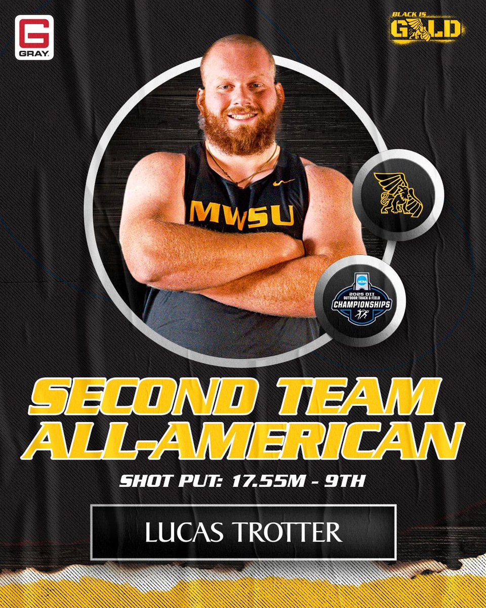 Missouri Western Athletics (@mwsugriffons) on Twitter photo Cheers to <a href="/MwsuTf/">MWSU XC/TF</a>'s Lucas Trotter for earning Second Team All-American recognition with his highest finish at nationals! 🔥
#BlackisGold🔔 Cheers to <a href="/MwsuTf/">MWSU XC/TF</a>'s Lucas Trotter for earning Second Team All-American recognition with his highest finish at nationals! 🔥
#BlackisGold🔔