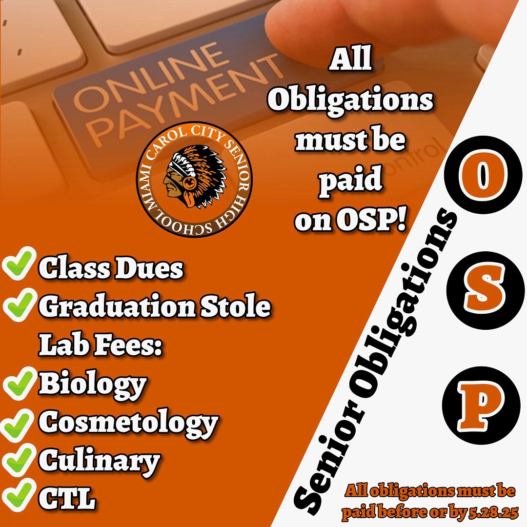 Hey Seniors! Be sure to pay all if your obligations before Wednesday!!!! For more information, please see the treasurer, Mrs. Lucas in the main office on Tuesday.