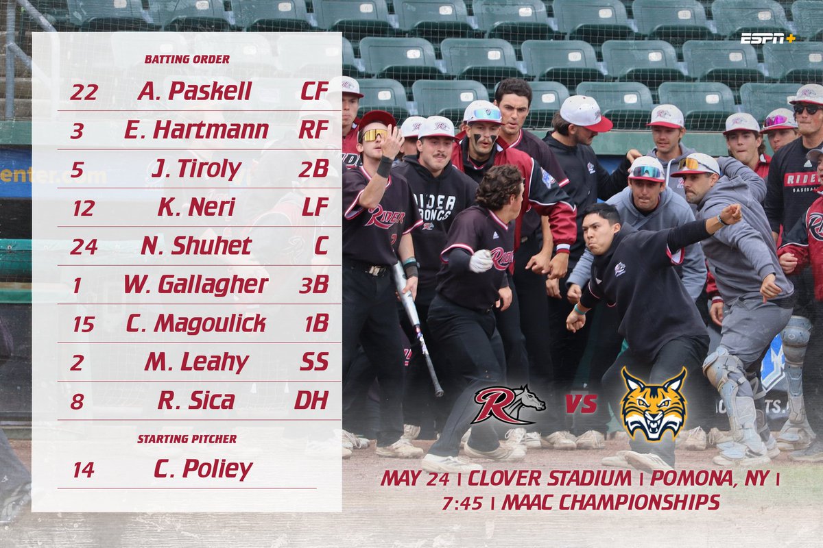 𝐒𝐓𝐀𝐑𝐓𝐈𝐍𝐆 𝐋𝐈𝐍𝐄𝐔𝐏𝐒
🆚No. 5 Quinnipiac
📍Pomona, NY
⏰7:45 PM
📊statb.us/b/591572
📺espn.com/watch/player/_…

#GoBroncs #MAACBaseball