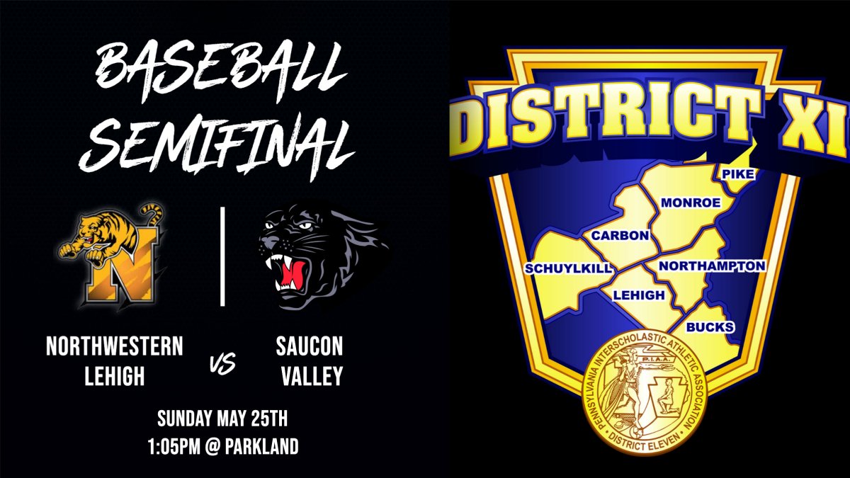 Baseball:  District XI Semifinal.   #3 Saucon Valley vs #2 Northwestern Lehigh.  Sunday 5/25 1:05pm @ Parkland.  Tickets online in advance only for ages 5-64: events.hometownticketing.com/boxoffice/dist…