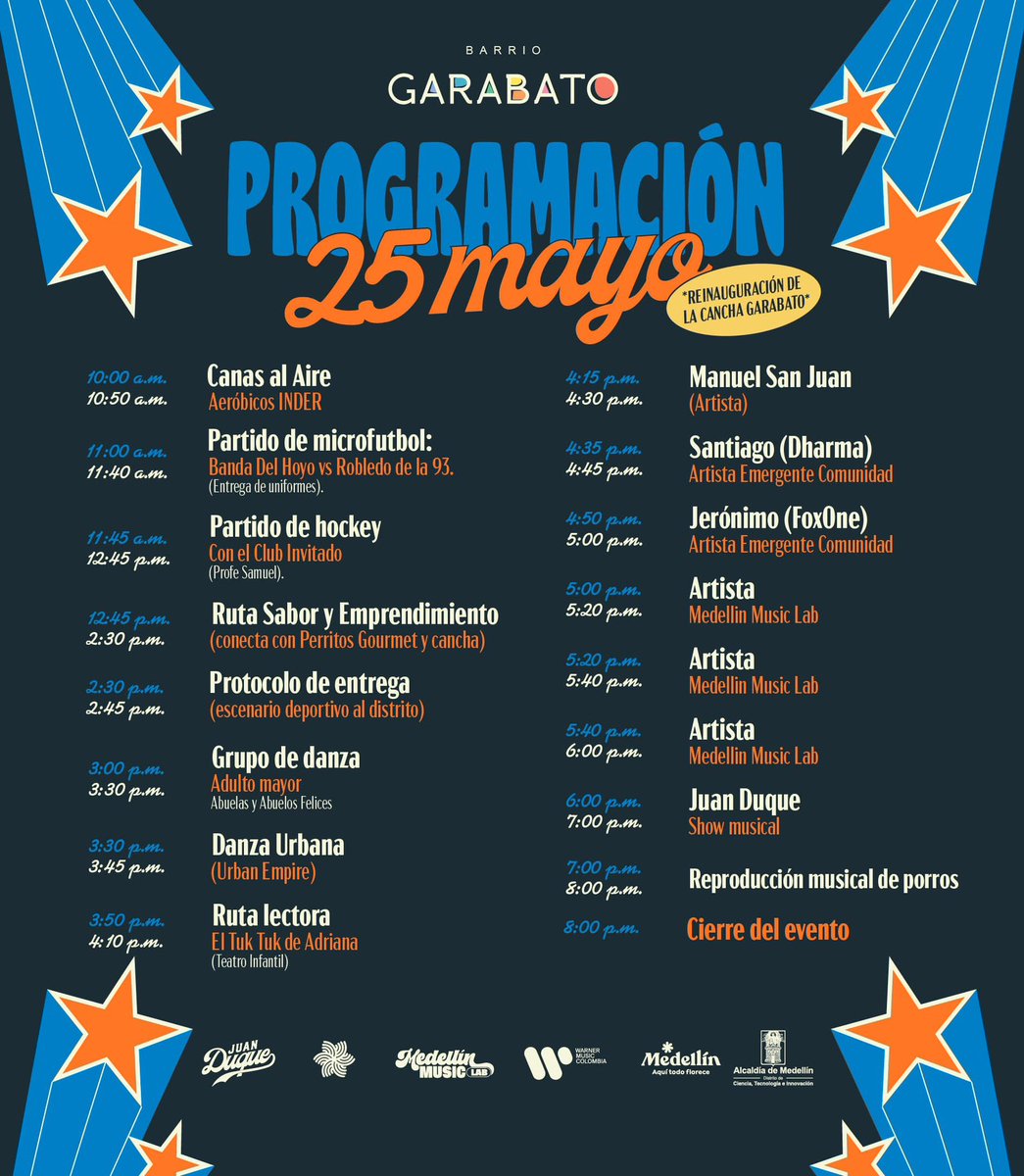 Este 25 de mayo acompáñanos a la reinauguración de la cancha El Garabato.

Habrá programación para todas las edades: deporte, cultura, música y más.

📍Te esperamos en El Garabato para vivir una jornada con lo mejor del talento local.