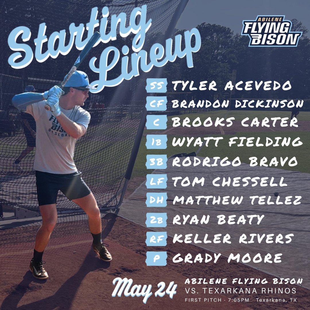 Abilene Flying Bison (@abiflyingbison) on Twitter photo Here's the starting lineup for a little Saturday night baseball as we head into Game 3 against the Rhinos 🦬🪽
<a href="/josetylerace1/">Jose Tyler acevedo</a> <a href="/BrandonDickyy/">Brandon Dickinson</a> <a href="/Brooks_Carter9/">Brooks carter</a> <a href="/wyatt_fielding/">Wyatt Fielding</a> <a href="/Rodrigo_bravo31/">Rodrigo Bravo</a> <a href="/Tomchessell2024/">Tom chessell</a> <a href="/MatthewTellez8/">Matthew Tellez</a> <a href="/18_beaty/">Ryan Beaty 18</a> <a href="/keller_rivers/">Keller Rivers</a> <a href="/grady_moore_9/">Grady Moore</a> Here's the starting lineup for a little Saturday night baseball as we head into Game 3 against the Rhinos 🦬🪽
<a href="/josetylerace1/">Jose Tyler acevedo</a> <a href="/BrandonDickyy/">Brandon Dickinson</a> <a href="/Brooks_Carter9/">Brooks carter</a> <a href="/wyatt_fielding/">Wyatt Fielding</a> <a href="/Rodrigo_bravo31/">Rodrigo Bravo</a> <a href="/Tomchessell2024/">Tom chessell</a> <a href="/MatthewTellez8/">Matthew Tellez</a> <a href="/18_beaty/">Ryan Beaty 18</a> <a href="/keller_rivers/">Keller Rivers</a> <a href="/grady_moore_9/">Grady Moore</a>