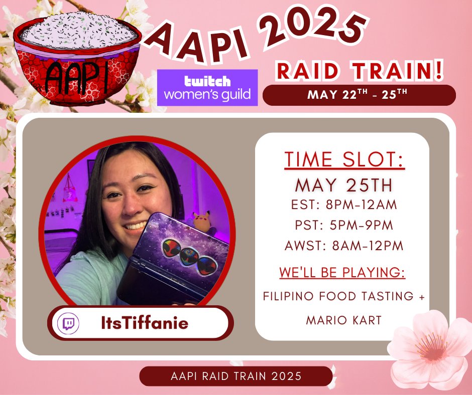 ayyitstiffanie's tweet photo. 🍙 As a member of the Twitch Women's Guild, I'm participating in an AAPI Raid Train to celebrate AAPI month with fellow AAPI streamers from the Twitch Unity Guilds! 🍚💜
Come hang out!
#aapiunity #twitchunityguilds #AAPIHeritageMonth #TwitchStreamers https://t.co/hPOpJ2RRyf