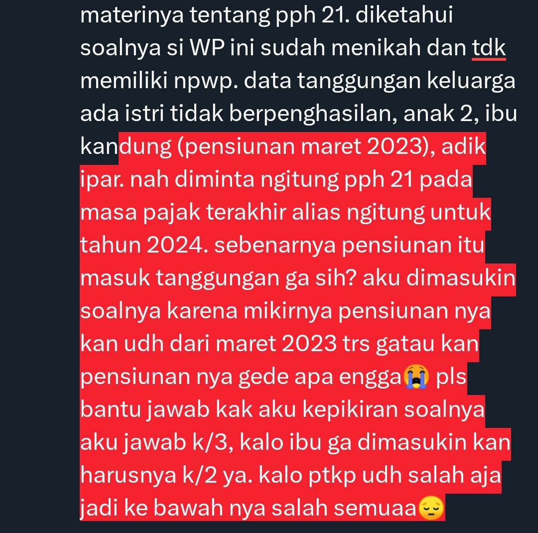 sopdurenn's tweet photo. @kring_pajak halo kak mau nanya dong tp ini tentang mata kuliah perpajakan di manajemen semester 2. jadi kan kemarin aku UTS nah materinya tentang pph 21 https://t.co/G4abphxnQ3