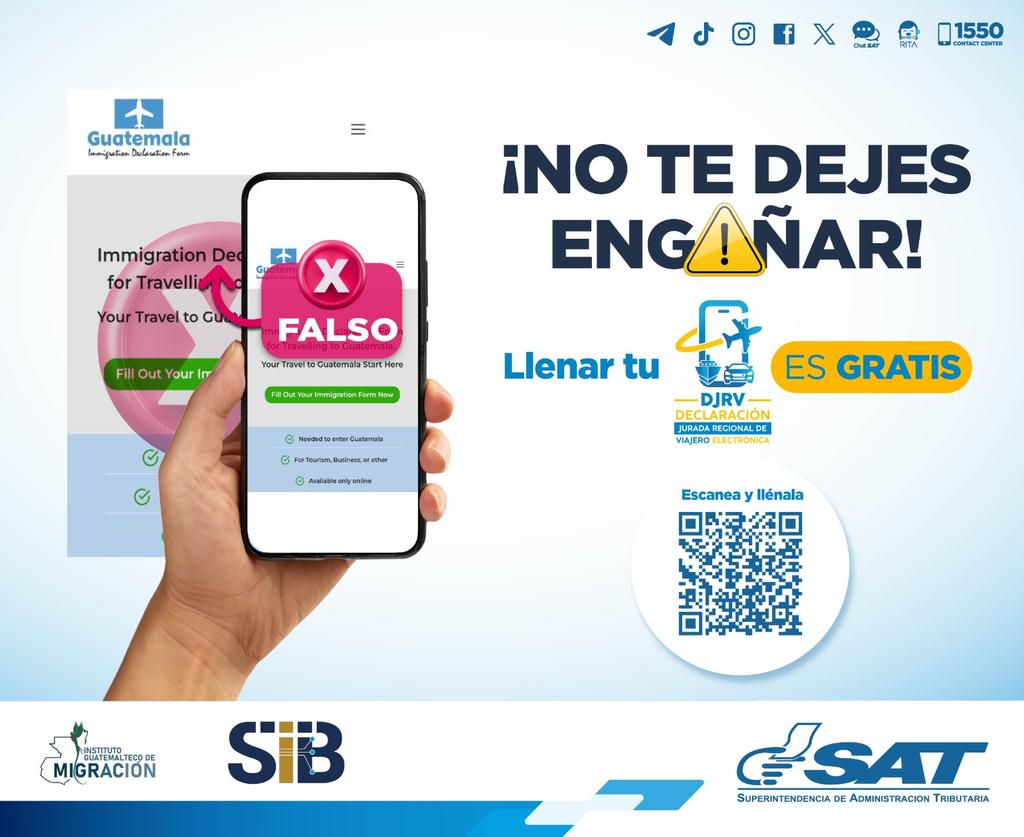 SATGT's tweet image. Antes de salir o ingresar a #Guatemala 🇬🇹, no olvides 🧑‍💻llenar tu Declaración Jurada Regional de Viajero electrónica #DJRV.  

No te dejes engañar. Este documento ⬇️

✔️ Es GRATIS.
✔️ Es 100% en línea. 
✔️ Puedes llenarlo hasta 3 días antes de tu 🧳. 

💻  portal.sat.gob.gt/portal/declara…