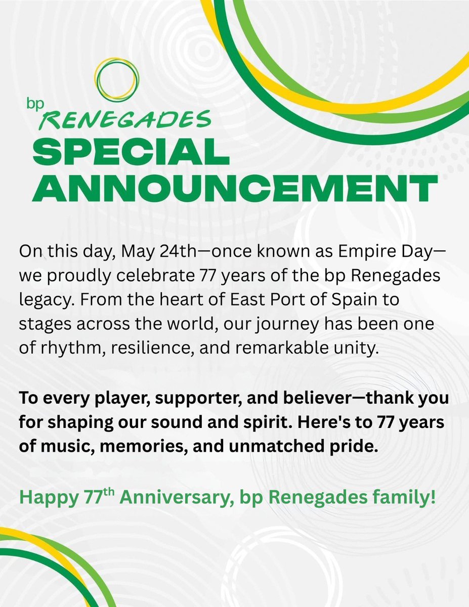77 years of rhythm. 77 years of resilience. 77 years of Renegades. 🥁🎶❤️‍🔥

Thank you to every soul who has stood with us through the years. The story continues.

Happy 77th Anniversary, bp Renegades!

#Renegades77 #SteelbandLegacy #EastPortOfSpainPride #BigBandGlobalBrand