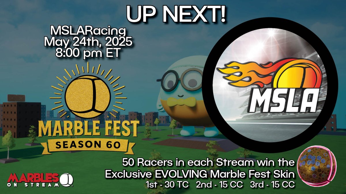 It's time for the marbles of The MSLA to take over Marble Fest 60 for the next 2 hours!

LET'S GO!!!

twitch.tv/mslaracing

#GetInvolved #MarbleFest #MSLA