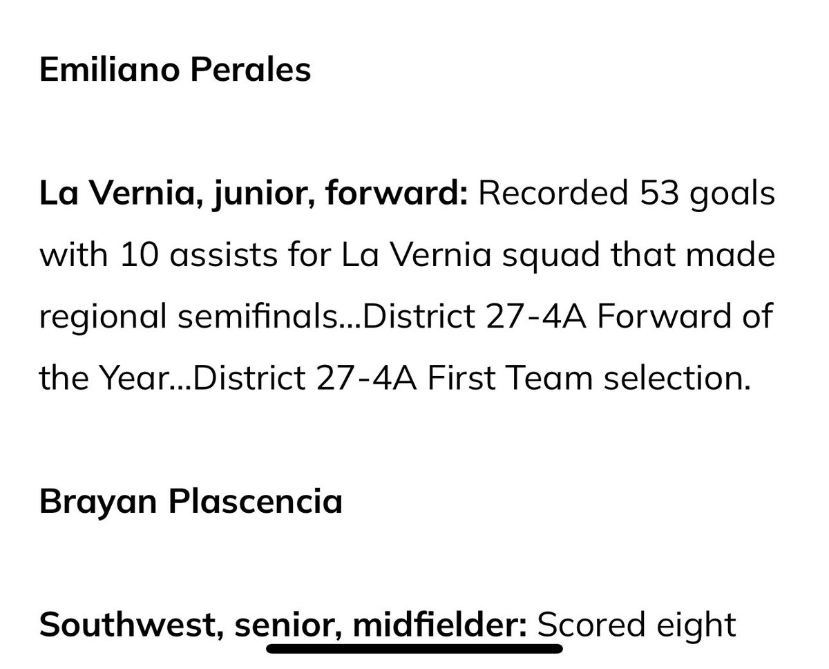 Our guys keep receiving much deserved recognition with the help of their teammates in <a href="/JMecke19/">JT Mecke</a> and <a href="/EPerales08/">Emiliano_perales08</a> for making EP News All Area 4A Team and also Emiliano made the Super Team! Great job Gents! <a href="/LaVerniaSoccer/">La Vernia Boys Soccer</a> <a href="/LaVerniaISD/">La Vernia ISD</a> <a href="/6a_28/">SA High School & Club Soccer</a> <a href="/SATXSoccer/">S.A. Soccer ⚽🎥🎙️</a>