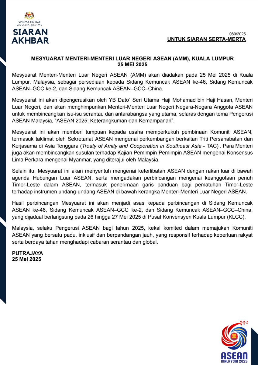 PRESS RELEASE: ASEAN FOREIGN MINISTERS’ MEETING (AMM), KUALA LUMPUR, 25 MAY 2025