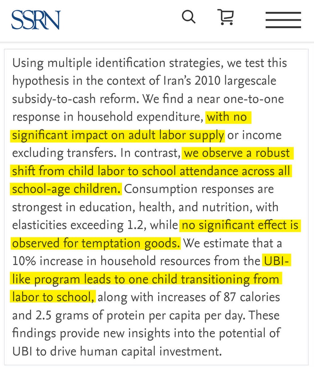 MASSIVE new study of Iran's UBI-like monthly cash program:

- Adult work didn't go down
- CHILD LABOUR went down to focus on school
- Drug use didn't go up
