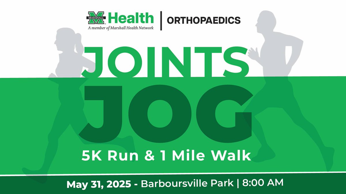 Marshall Orthopaedics (@muhealthortho) on Twitter photo Join <a href="/MUHealthOrtho/">Marshall Orthopaedics</a> for the 10th Annual Joints Jog! πββοΈ A fun 5K run/1-mile walk supporting <a href="/HarmonyHouseWV/">Harmony House</a>.
π
May 31 | π Barboursville City Park | π° $30 5K, $25 walk
π Register by April 15 for $5 off + free tee!
π Sign up: bit.ly/4iLsCsc ht Join <a href="/MUHealthOrtho/">Marshall Orthopaedics</a> for the 10th Annual Joints Jog! πββοΈ A fun 5K run/1-mile walk supporting <a href="/HarmonyHouseWV/">Harmony House</a>.
π
May 31 | π Barboursville City Park | π° $30 5K, $25 walk
π Register by April 15 for $5 off + free tee!
π Sign up: bit.ly/4iLsCsc ht