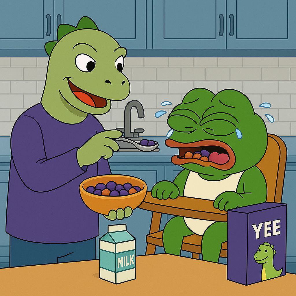 YeeErc20's tweet photo. $Pepe: I wanted Froot Loops…
$Yee: Stop crying, Eat the YEE🦖!
#YeeVsPepe #Meme #YeeToken #pepe https://t.co/T5FPdib8cT