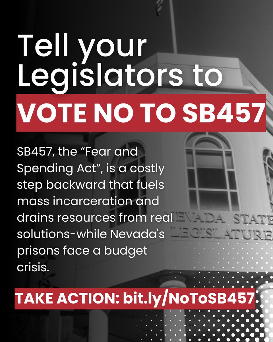 Nevada prisons are $50M over budget and understaffed. SB457 would make things worse by expanding incarceration instead of fixing root causes. Say it loud: #NoOnSB457 #PeopleOverPrisons bit.ly/NoToSB457