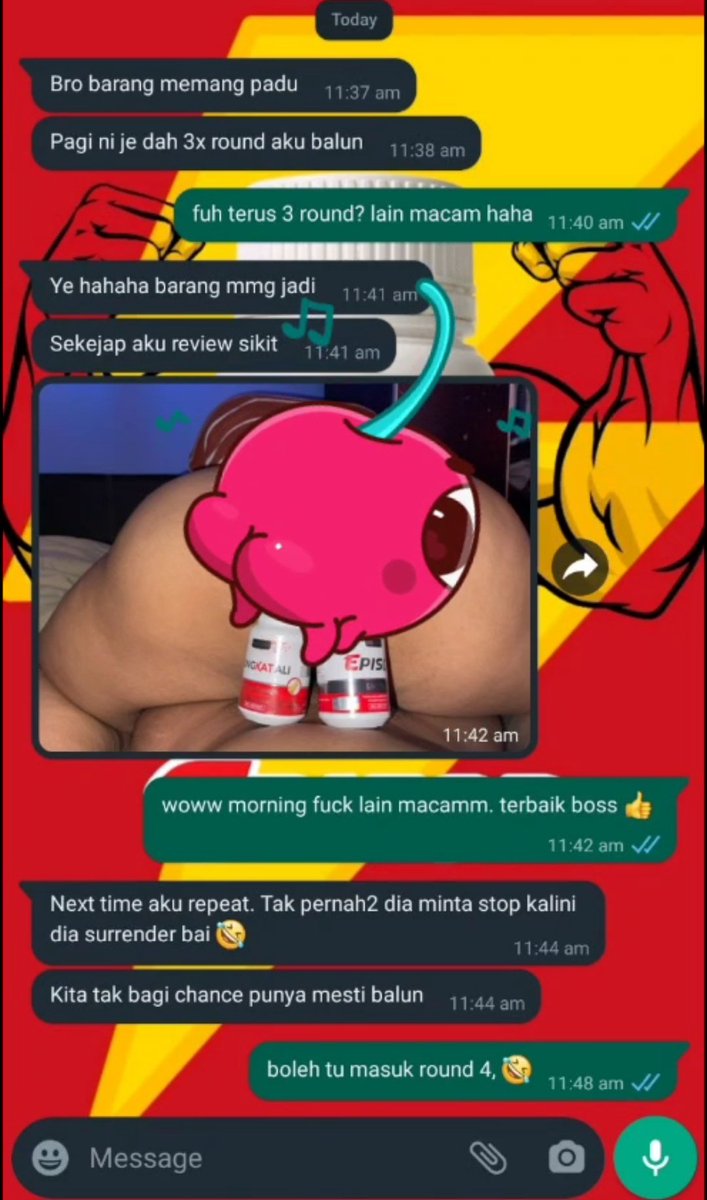 “Pagi-pagi aku dah 3 round balun bini. Sampai dia sendiri surrender, tak pernah jadi sebelum ni.”
Barang bukan kaleng-kaleng, bro. Sekali try, terus rasa macam jantan sebenar.
Nak bini minta ampun? DM sekarang.

Semua sebab EPISOR

#UbatKuat #BalunSampaiLena #JantanPower