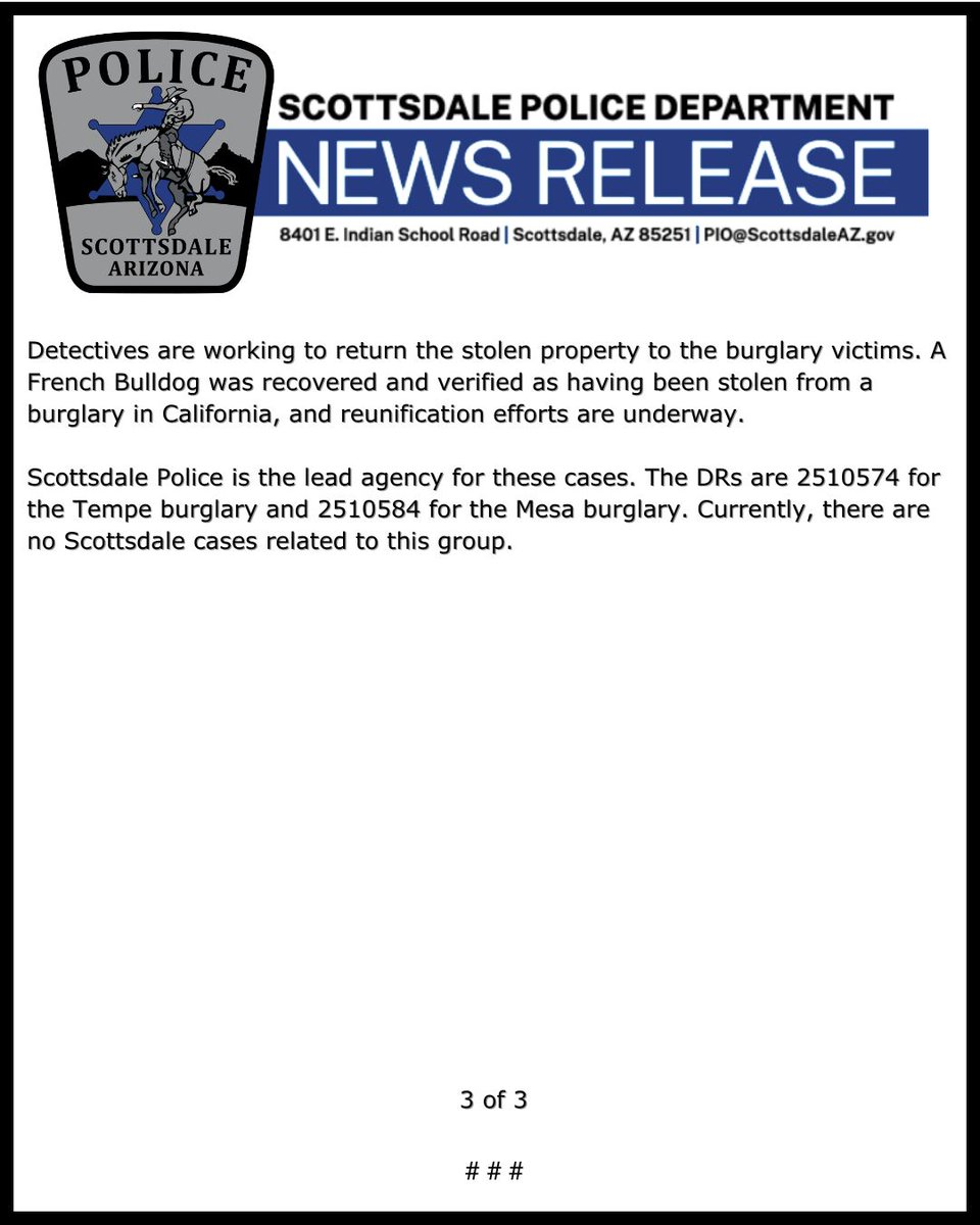 Scottsdale, Arizona (May 24, 2025) Seven people, believed to be part of a South American Theft Group (SATG), were arrested by Scottsdale detectives for their involvement in two valley burglaries. All seven suspects were arrested around 4:15 p.m. on Friday, May 23, during the