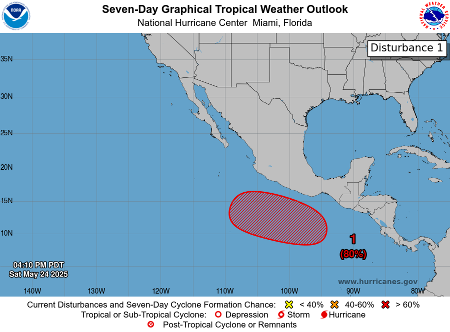 5pm PDT May 24 -- An area of low pressure is likely to form south of the coast of southern Mexico early next week &amp; there is a high (80% 🔴) chance of it becoming a tropical cyclone around the middle of next week.

Latest Outlook: hurricanes.gov/gtwo.php?basin…