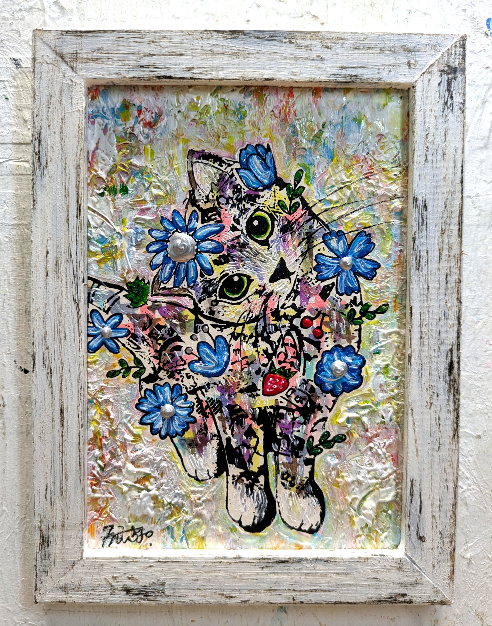額付き銅版画応用絵画 title「てこてこニャンコ」