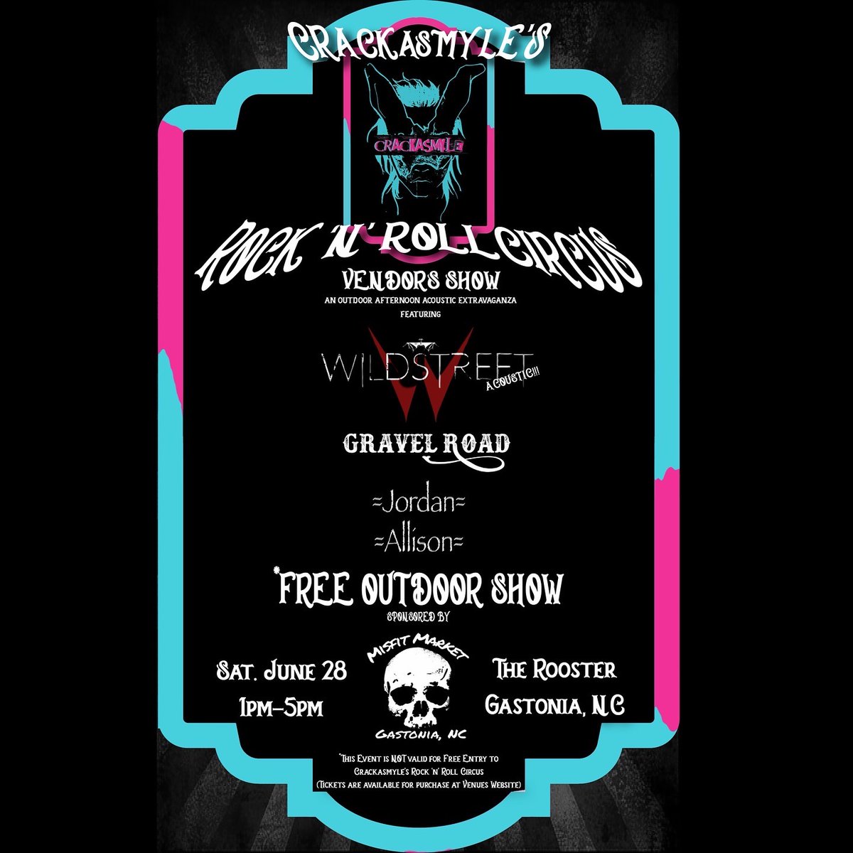 #LiveMusic Saturday 6/28 @ericjayk / <a href="/d/">d</a>.d.star.official rock @wildstreetofficial (acoustic) on the vendor stage @crackasmylestudios Rock N Roll Circus IFREE SHOW!@theroostergastonia