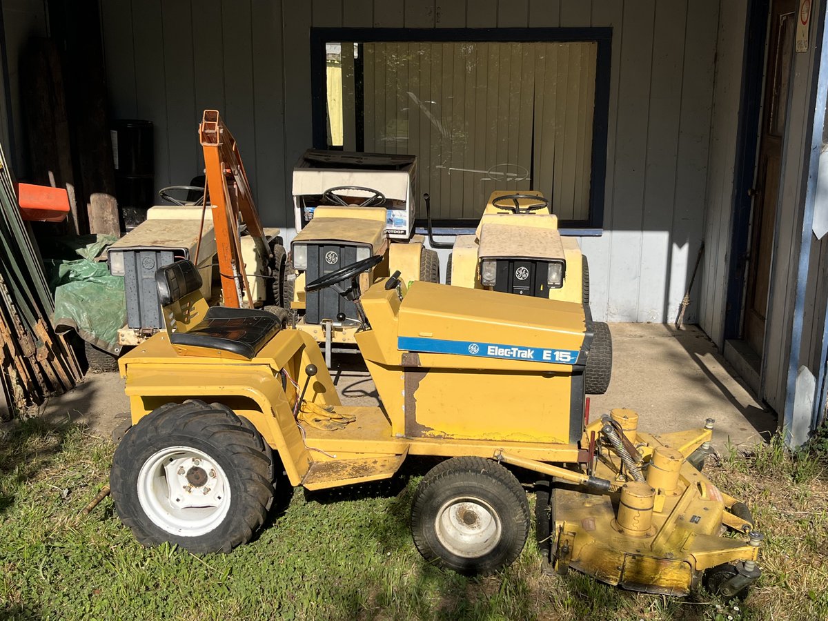 GE hasn’t made the Elec-Trak garden tractor in decades, so when someone offers another one for parts, I admit it’s hard to pass up. 
The one in front runs very well and will soon get an electronic drive controller from the latest donor.