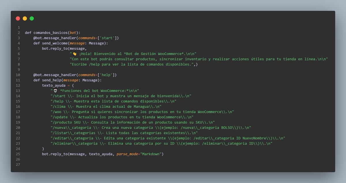 Jarez_Dev's tweet image. #100DaysOfCodepython #100DiasDeCodigo
el reto de 100 días en mi dia 72 desarrolando un bot para wopress woocomerce agregando comando basicos y funcines para agregar
Documentacion : pytba.readthedocs.io/en/latest/inst…
Docuementacion : core.telegram.org/bots
Documentacion : woocomerce api