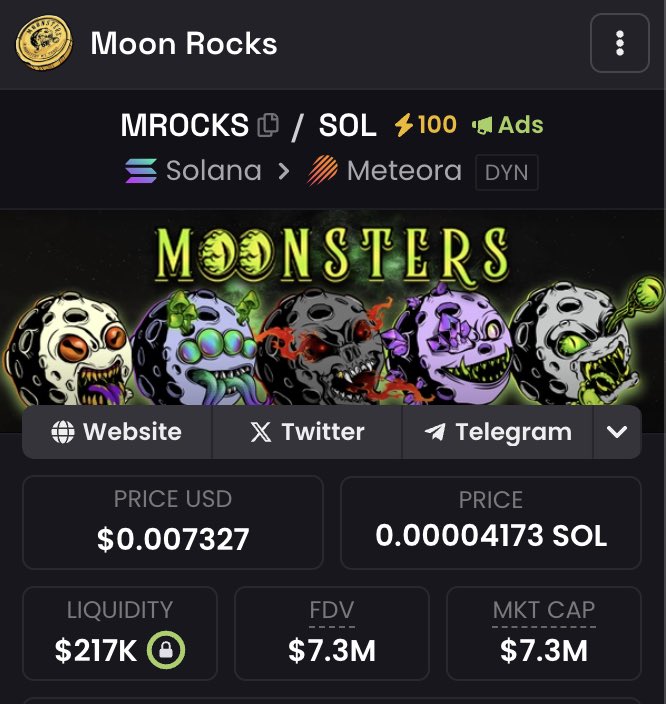 TheSolSaverX's tweet photo. It’s time we send $MROCKS to 10mill market cap

✅DexScreener 100x Boost
✅DexScreener Ads
✅Volume &amp; ranking b0ts
✅DEXTools 1000 Nitro

moon3CP11XLvrAxUPBnPtueDEJvmjqAyZwPuq7wBC1y

We will continue to do everything for the people‼️

In Moonsters we trust | #StayMooned https://t.co/mFHimOtD74