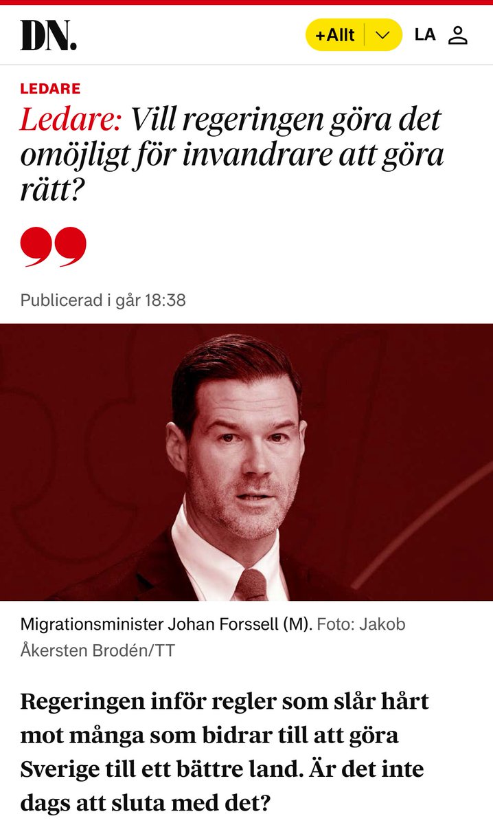 🧵Vi ska titta lite på hur <a href="/dn_ledare/">DN Ledare</a> försöker manipulera läsarna. Hint: rödtonad pressbild betyder att dom är extra arga och så släpper generellt alla hämningar.