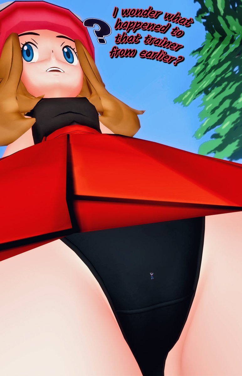 Serena encountered a breeder during her travels who offered her an egg to aid her on her journey. However, after transferring one of her Pokémon to the PC, she can no longer find her. 

Where could she have gone?

#giantess #shrink #shrunkenwoman