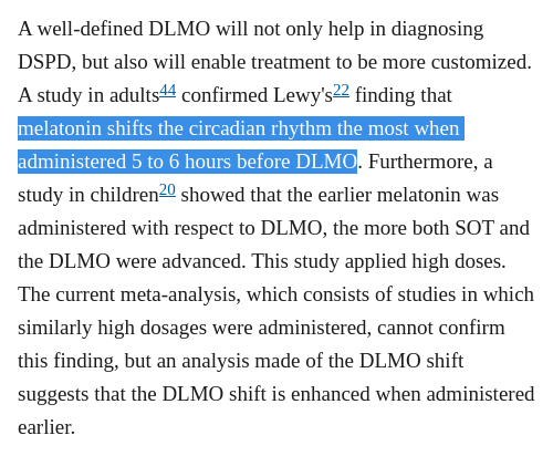 nearcyan's tweet photo. it is very counter-intuitive, but the best time to take melatonin to drastically move your circadian rhythm forward is ~7 hours before bed, *not* right before bed! this is despite the fact that the half life of melatonin in your blood stream is only ~40 minutes https://t.co/bN5CDbOX2J