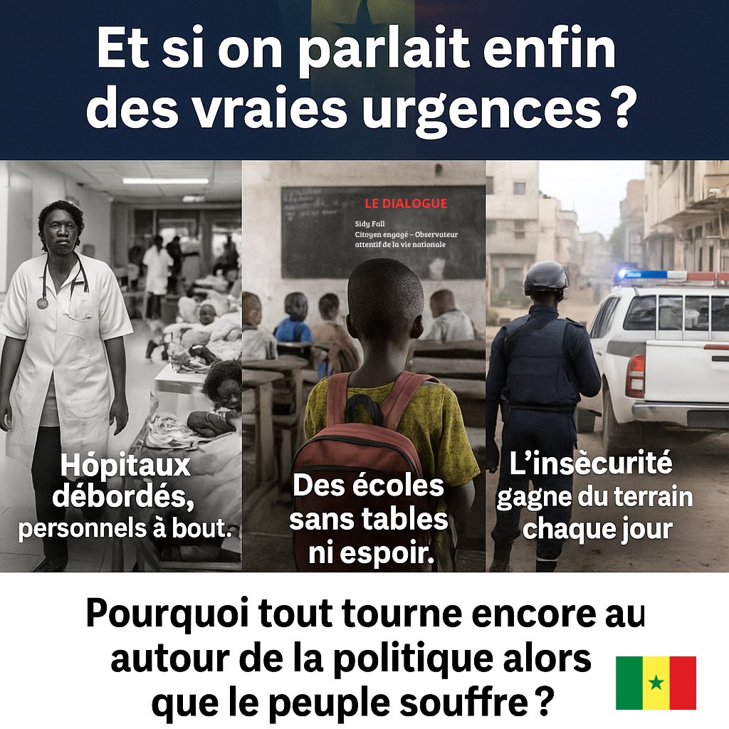 SidySFall's tweet photo. Le Sénégal ne peut pas dialoguer uniquement sur la politique.
Et la santĂ© ? LâĂ©ducation ? La sĂ©curitĂ© ?
Le peuple a votĂ© Ă 54%, il mĂ©rite quâon lâĂ©coute en entier.
Pas de deal entre élites, mais une vision pour tous.
#DialogueNational #SĂ©nĂ©gal #SidyFall #JusticeSociale #ĂquitĂ© https://t.co/o1LS6pnxEN