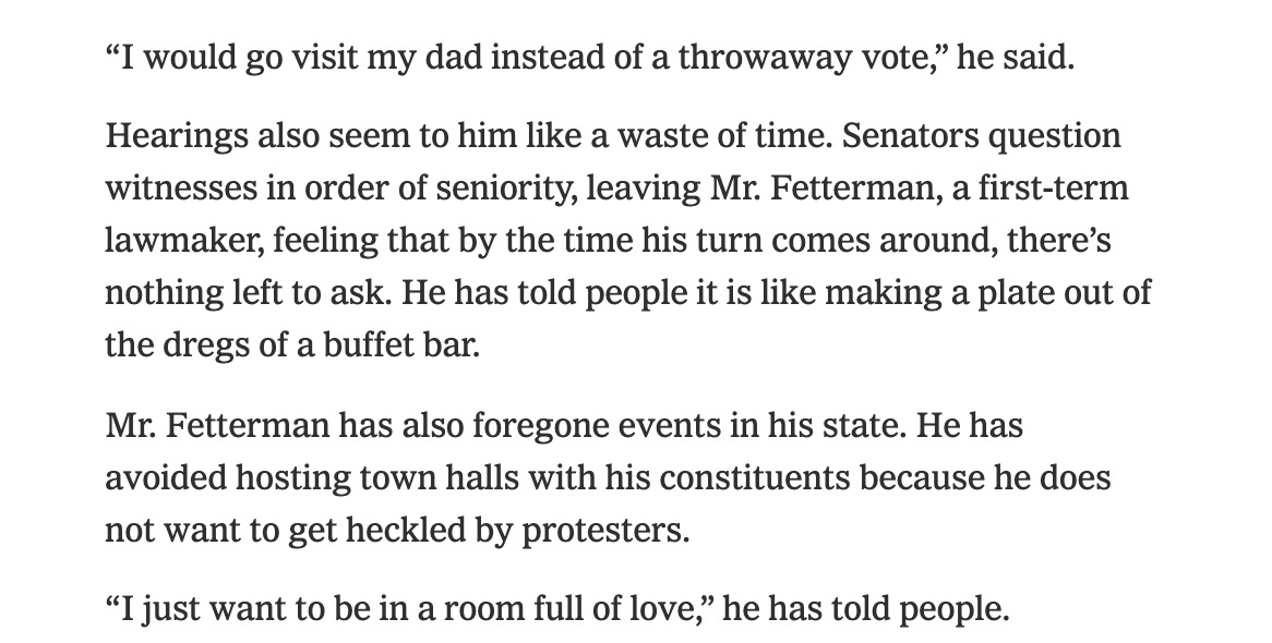 hey <a href="/JohnFetterman/">John Fetterman</a> if you hate being a senator so much, why don't you quit