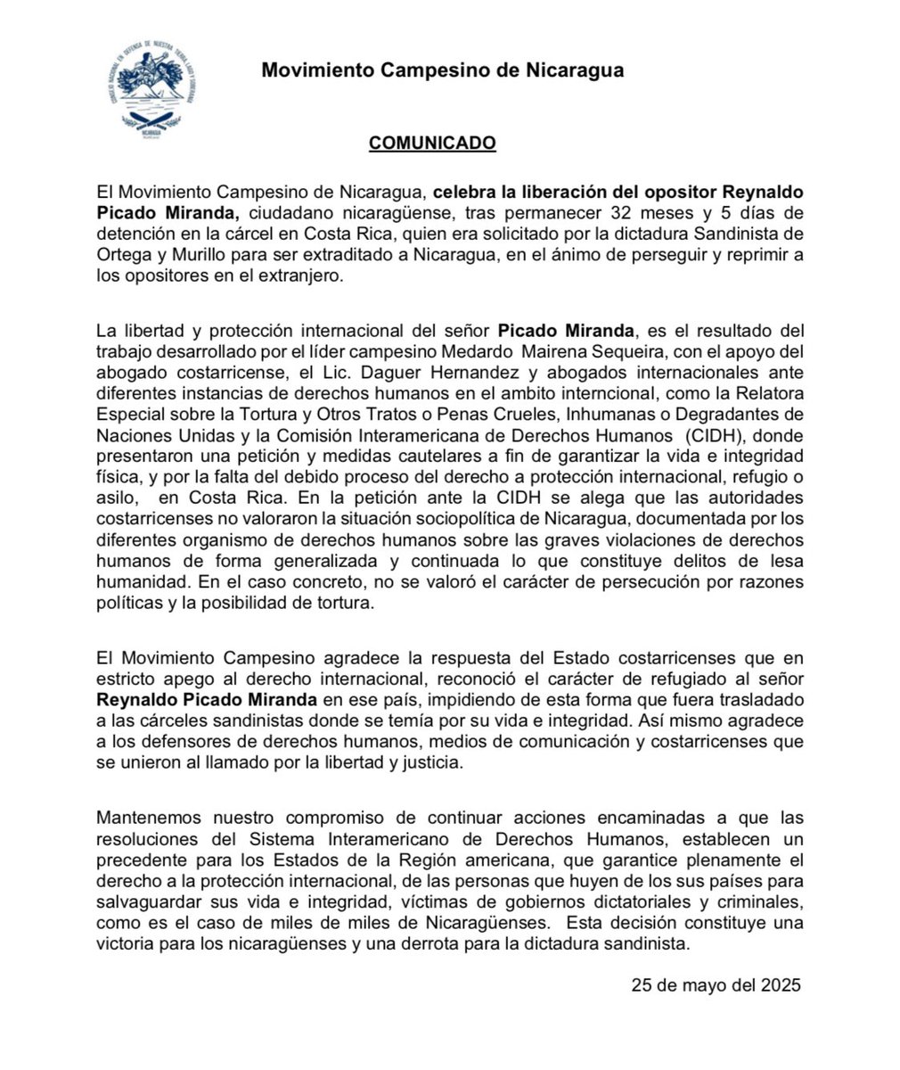 Movimiento Campesino de Nicaragua (@de_campesino) on Twitter photo El Movimiento Campesino de #Nicaragua celebra la liberación de nuestro hermano de lucha Reynaldo Picado Miranda. Agradecemos al líder campesino Medardo Mairena <a href="/MedardoMairena/">Medardo Mairena Sequeira</a> y al abogado Daguer Hernández por todo el esfuerzo realizado para hacer esto posible. El Movimiento Campesino de #Nicaragua celebra la liberación de nuestro hermano de lucha Reynaldo Picado Miranda. Agradecemos al líder campesino Medardo Mairena <a href="/MedardoMairena/">Medardo Mairena Sequeira</a> y al abogado Daguer Hernández por todo el esfuerzo realizado para hacer esto posible.