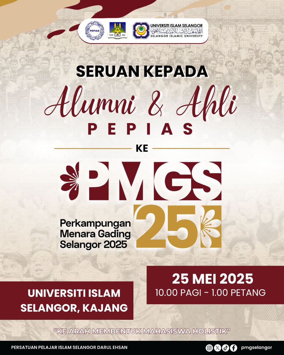 pmgselangor's tweet photo. SERUAN KEPADA ALUMNI PMGS DAN SELURUH AHLI PEPIAS KE PERKAMPUNGAN MENARA GADING SELANGOR 2025 💫

Assalamualaikum buat semua alumni PMGS dan ahli PEPIAS. Jom bersama-sama kita hadir bagi memeriahkan lagi Majlis Penutup PMGS 2025 pada ketetapan berikut: https://t.co/Wyc23W8vYE