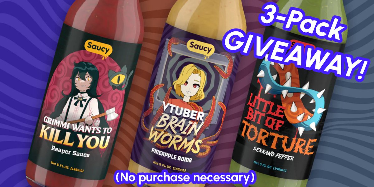 🎁Giveaway Announcement!🎁
We're giving away one free 3-pack of our launch sauces, Grimmi Wants to Kill You, Vtuber Brain Worms, and Little Bit of Torture!

-Follow <a href="/Saucy_Biz/">Saucy Biz</a>
- Like &amp; Retweet this post 
-On July 1st 2025 we'll pick a winner
-No purchase necessary
Good luck!