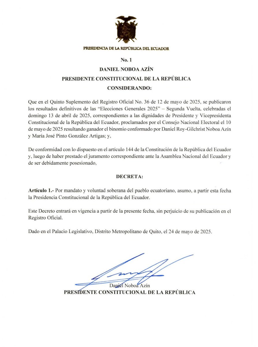 #ATENCIÓN || Este fue el primer decreto que emitió el presidente <a href="/DanielNoboaOk/">Daniel Noboa Azin</a> en donde informar sobre la asunción de su mandato como presidente de la República del #Ecuador.