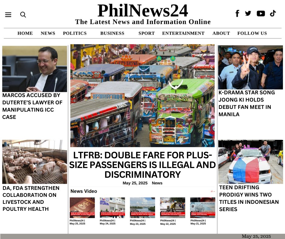 PhilNews24's tweet photo. PhilNews24 | May 25, 2025
For the latest news, visit: https://t.co/PNaSqYjwxB
#LTFRB #DoubleFare #plussizepassenger #dutertelawyer #nicholaskaufman #icccase #poultry #livestock #regularvaccine #SongJoongKi #LiveInManila #fanmeet #bellacanete #indonesiandriftseries #babydrift https://t.co/uig3XKGyjC