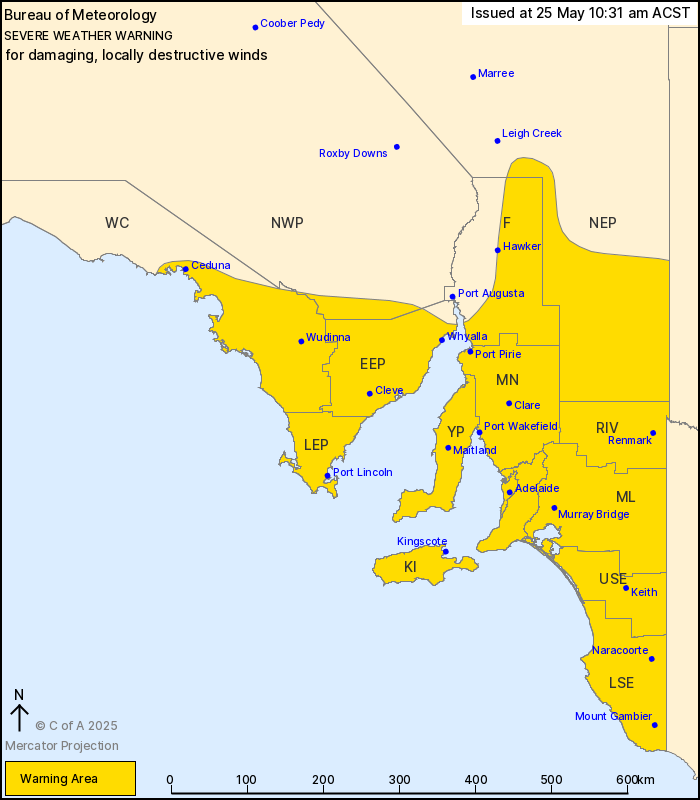 The Bureau of Meteorology has issued a Severe Weather Warning for DAMAGING, LOCALLY DESTRUCTIVE WINDS or people in Adelaide Metro, MLR, LEP, EEP, YP, F, MN, KI, Riv, ML, USE, LSE &amp; parts of WC, NEP and NWP districts.

For more info: bom.gov.au/products/IDS21…