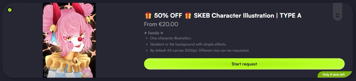 🎁50% OFF SKEB Illustration🎁

I'm still setting up for a proper reopening, so in the meantime I've set a discount on 5 slots for the SKEB Full Illustration service! ( ´ ∀ `)ノ～ ♡ 

This sale will remain till the slots are taken (´｡• ᵕ •｡`) ♡
#VGen #VGenComm