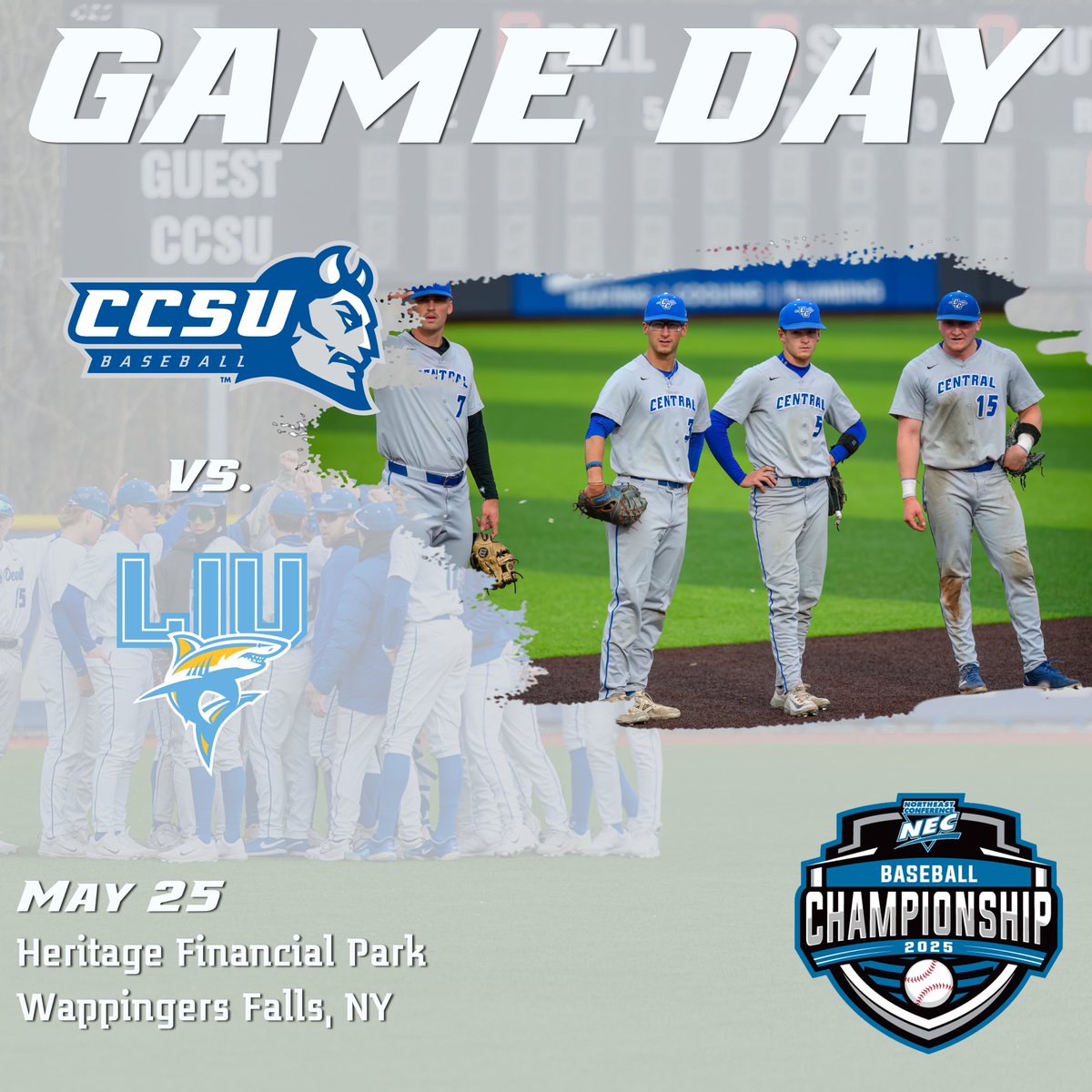 CCSU Blue Devils (@ccsubluedevils) on Twitter photo ⚾️ <a href="/ccsubaseball/">CCSU Baseball</a> GAMEDAY
NEC TOURNAMENT CHAMPIONSHIP ROUND
📆 Sunday, May 25
⏰ 11am vs. LIU
📍 Heritage Financial Park | Wappingers Falls, NY
📺 ESPN+ (tinyurl.com/4apbwwju)
📊 tinyurl.com/y44hpar9
#GoBlueDevils | #necbaseball ⚾️ <a href="/ccsubaseball/">CCSU Baseball</a> GAMEDAY
NEC TOURNAMENT CHAMPIONSHIP ROUND
📆 Sunday, May 25
⏰ 11am vs. LIU
📍 Heritage Financial Park | Wappingers Falls, NY
📺 ESPN+ (tinyurl.com/4apbwwju)
📊 tinyurl.com/y44hpar9
#GoBlueDevils | #necbaseball