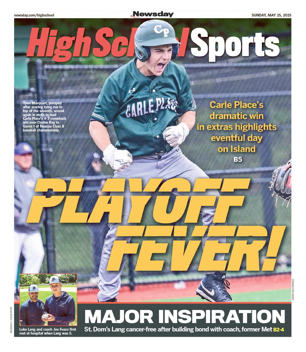 ⭐️Newsday's Sunday
High School Sports Cover⭐️

Carle Place baseball's dramatic win leads playoff action on LI

Story: newsday.com/sports/high-sc…

PLUS: St. Dom's Lang cancer-free after building bond with coach, former Met Turner

Story: newsday.com/sports/high-sc…

<a href="/APSE_sportmedia/">APSE</a>