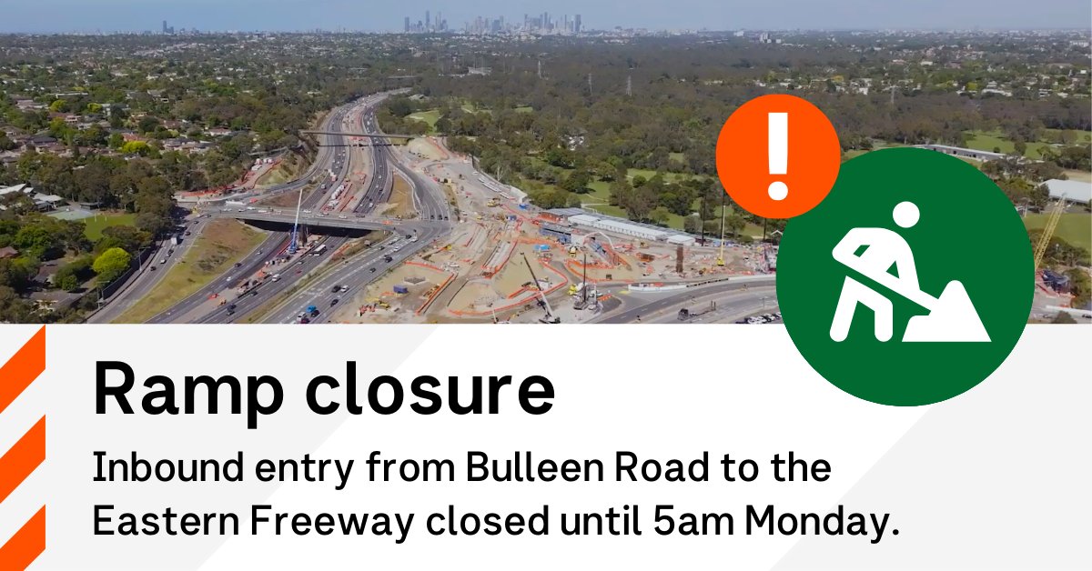 VicTraffic (@victraffic) on Twitter photo The inbound entry from Bulleen Road to the Eastern Freeway is closed until 5am Monday, for <a href="/nelpvic/">North East Link</a> aslphalting works. Use the entry ramps at Doncaster or Burke roads instead, and allow up to 20 minutes extra for your journey. See
bigbuild.vic.gov.au/library/north-… #victraffic The inbound entry from Bulleen Road to the Eastern Freeway is closed until 5am Monday, for <a href="/nelpvic/">North East Link</a> aslphalting works. Use the entry ramps at Doncaster or Burke roads instead, and allow up to 20 minutes extra for your journey. See
bigbuild.vic.gov.au/library/north-… #victraffic